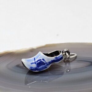 Vintage 925 Sterling Silver Enamel Delft Pattern Dutch Shoe Charm